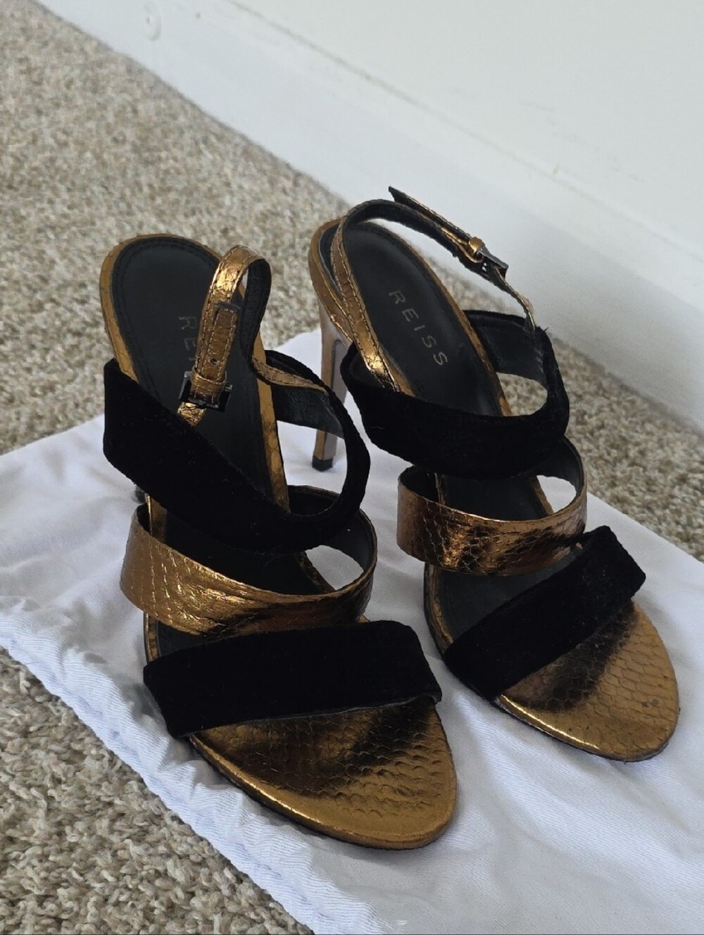 Reiss Black and Gold Strappy Heeled Sandals